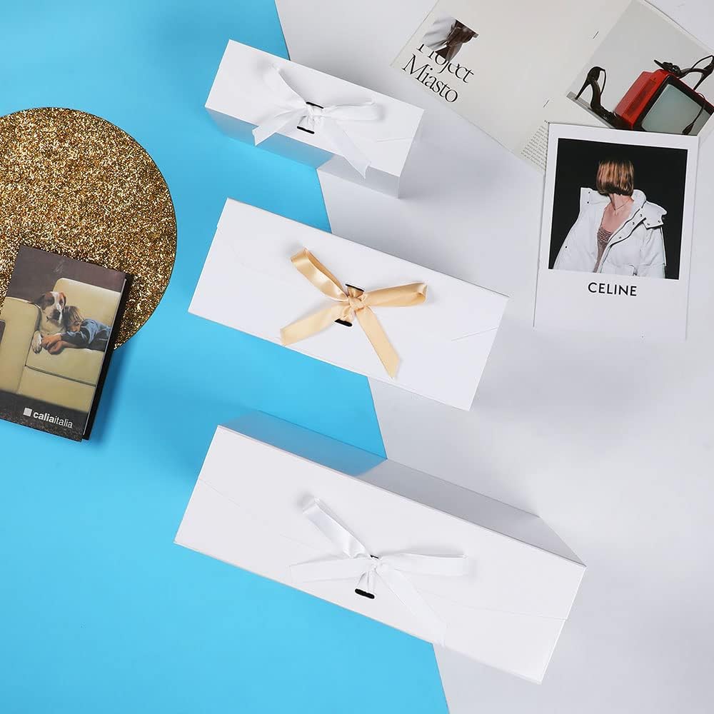White Gift Box 10x7.3x3.5 Inches, Decorative Box with Ribbon, Empty Gift Box with Lid Magnetic Closure, Groomsman Box, Rectangle Collapsible Gift Boxes for Shirt (Glossy White)