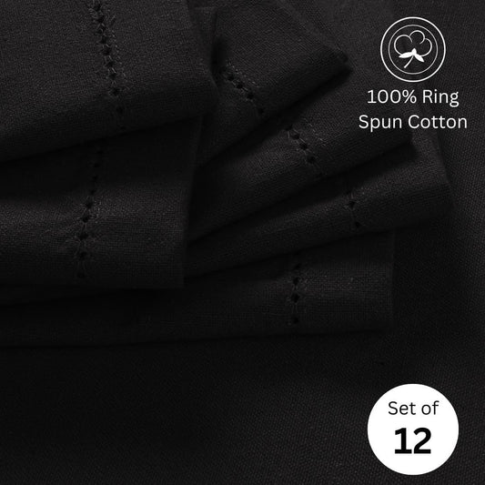 Hemstitch Cloth Dinner Napkins 100% Cotton Set of 12 - for Dining Special Occasions Weddings Parties Holidays Easter - Soft Durable Reusable - 18x18 Inch Table Cloth Napkins Black