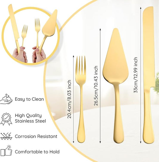 SUREAM Gold Cake Slicer 4PCS, 13 Inch Extended Wedding Cake Knife Stainless Steel, Pie Knife and Server for Wedding Birthday Anniversary Christmas Party and Event Gift