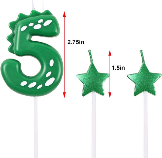 2.75 Inch Green Dinosaur Shaped 5 Number Birthday Candles and Star Birthday Candles,Suitable for Dinosaur Birthday Decorations & Themed Parties Celebration