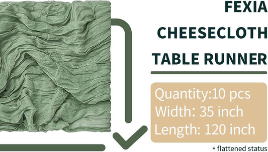 FEXIA 10 Pack Sage Green Table Runner 35x120 Inches for Baby Shower Decoration St. Patrick's Day Gauze Table Runner for Wedding Party Engagement Bridal Shower Boho Decoration (Sage Green)