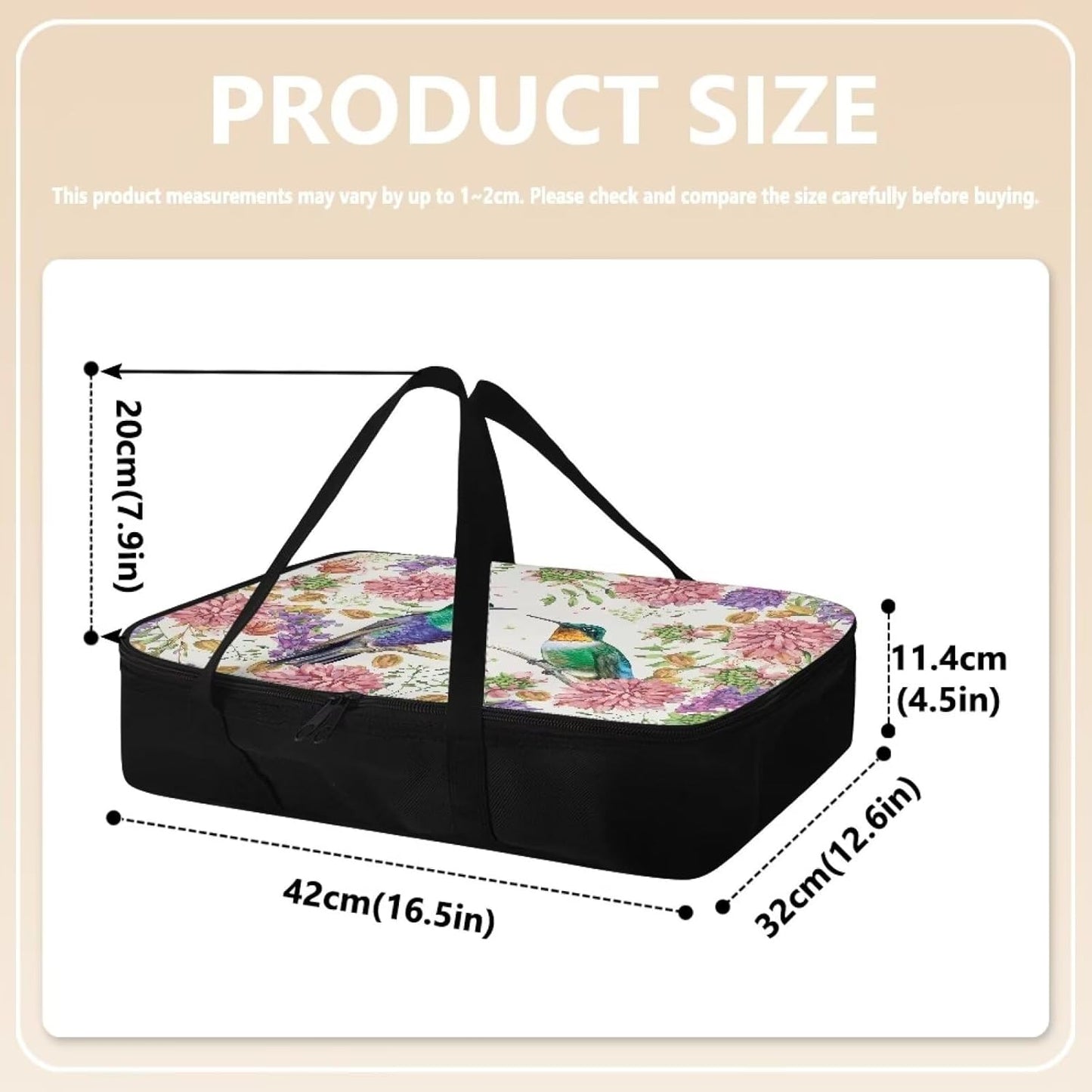 Hummingbird Pattern Insulated Casserole Carrier for Hot or Cold Food - Reusable Lasagna Holder Tote - Portable Warmer Fits 11 x 15 or 9 x 13 Baking Dish