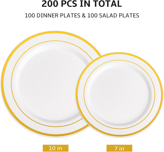 AOZITA 200 Pcs Gold Plastic Plates for Party, Heavy Duty Disposable Plastic Plates for Party, Holiday, Wedding, Thanksgiving and Birthday