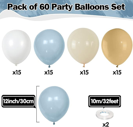 Dusty Blue White Balloons 60 Pcs Dusty Blue White Sand Balloons 12 Inch Neutral Boho Slate Blue Cream Beige Apricot Nude Brown Balloon for Boys Men Bear Bridal Baby Shower Birthday Party Decorations