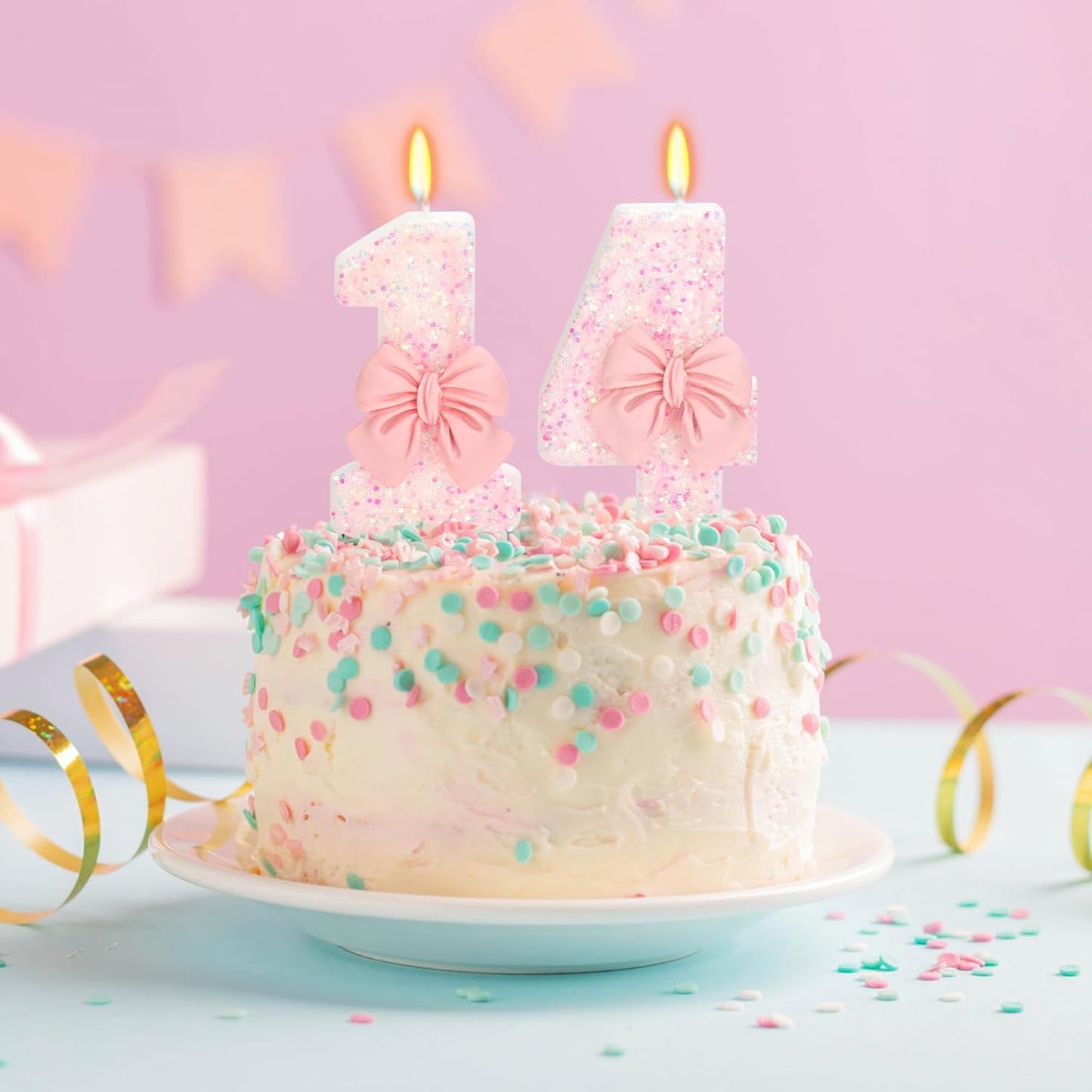 Birthday Candle for Cake, Pink Bow Number Cake Candles, 2.76 inch Number Happy Birthday Candle, Cake Topper Decoration for Birthday Party (Number 14)