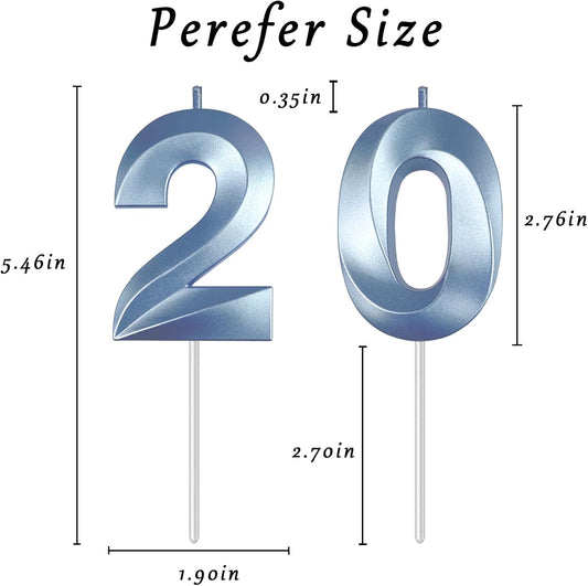 Blue Number 20 Candles, 3D Diamond 2.76 Inch Cake Topper Birthday Candles for Wedding Anniversary Cake Decorations, Happy Birthday Party Decorations