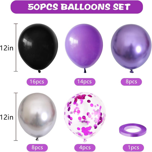 Purple Black Balloons 50 Pack – 12 Inch Metallic Silver Latex Balloons with Ribbons & Confetti for Halloween, Birthday, Anniversary & Graduation