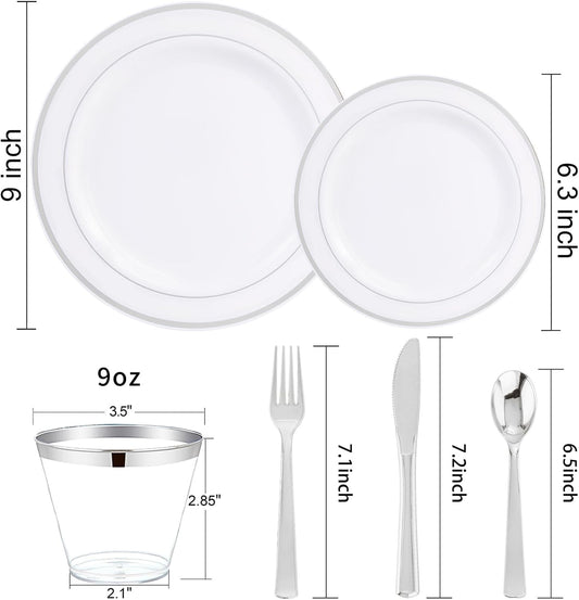 WELLIFE 600 Pcs Sliver Disposable Dinnerware for 100 Guests, Dinnerware Set of 100 Dinner Plates, 100 Salad Plates, 100 Spoons, 100 Forks, 100 Knives, 100 Cups