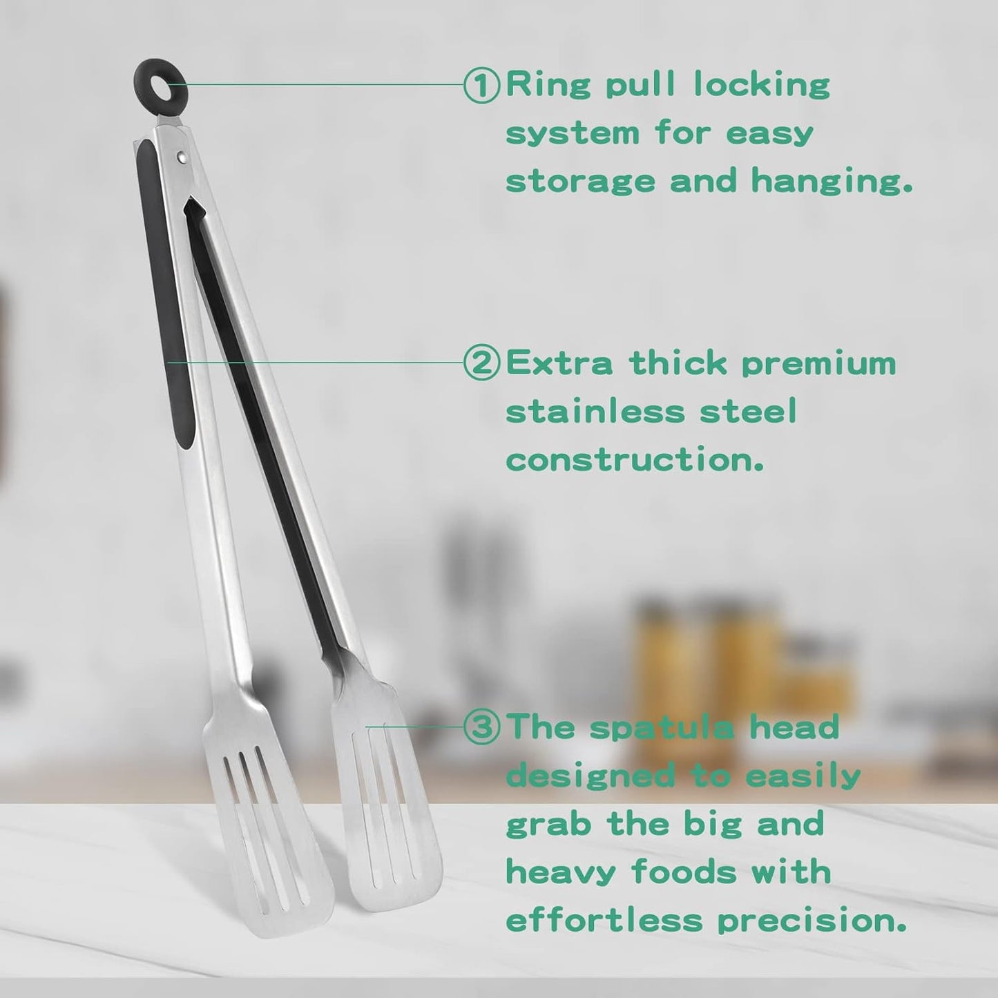 Metal Tongs for Cooking, Set of 2 Stainless Steel Spatula Tongs for Grilling, Cooking and Flipping, Strong Grip for Ribs, Steak and Fish, Comfortable Grip, Easy Pull Lock, 9 inch & 12 inch