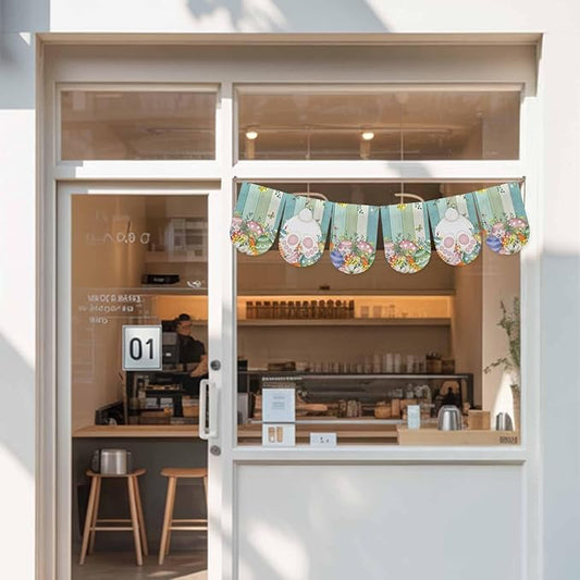 Cute Easter Bunny Banner 3Pcs Indoor Outdoor Hanging Banner Flag Eucalyptus Leaves Colorful Eggs Wooden Sign for Fireplace Mantel Decorative Bunting Garland Valance for Shop Door Decor 7.9"x11.8"