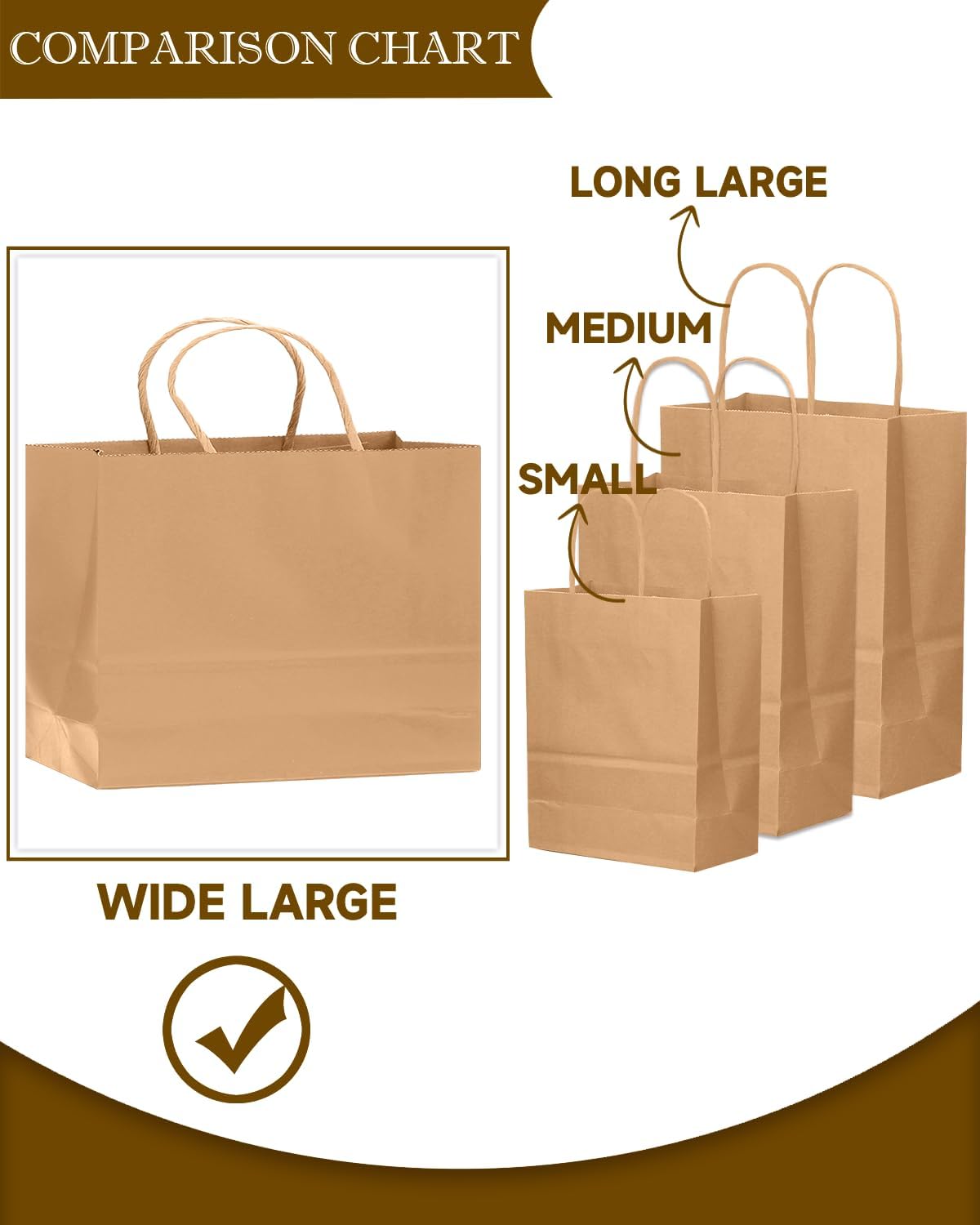 qiqee 13"x4.5"x10" Large Gift Bag with Handles Bulk 100PCS Gift Paper Bags Brown Bags Multiple Uses (Wide Large)
