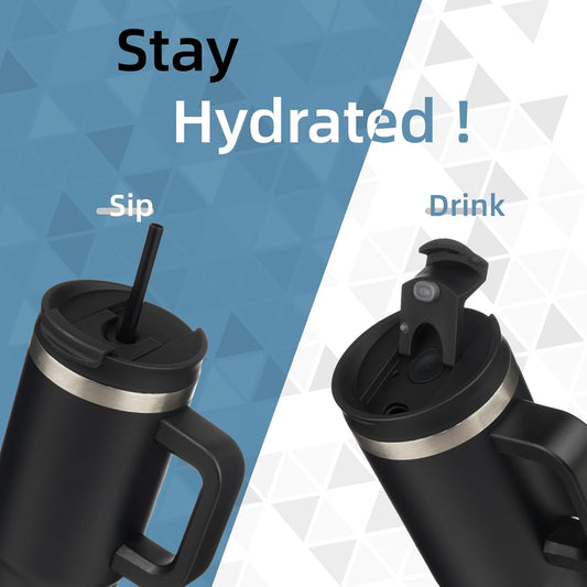 30 oz Tumbler with Handle and 2 Straws,2 in 1 Lid Insulated Water Bottle Stainless Steel Travel Coffee Mug,Black