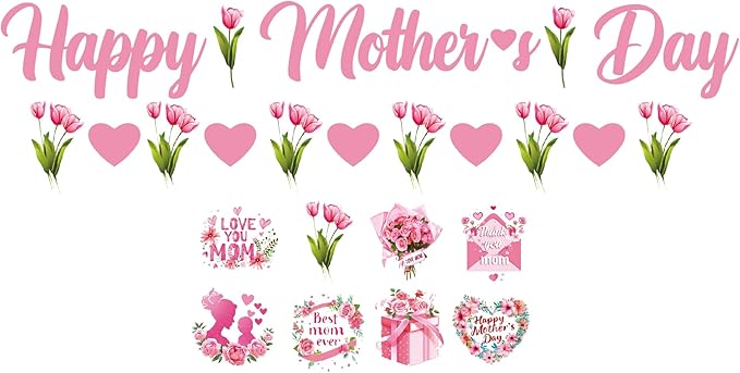 Happy Mother's Day Banner Set Decoration for Mother's Day Party Decorations Backdrop Garland for Mom Mother's Day Glitter Garland Photo Props (flower)