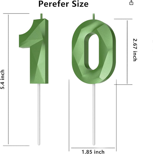 Number Birthday Candles(10 Candle Green) 3D Diamond Shape Number Happy Birthday Cake Candles for Birthday Party Wedding Decoration Reunions Theme Party