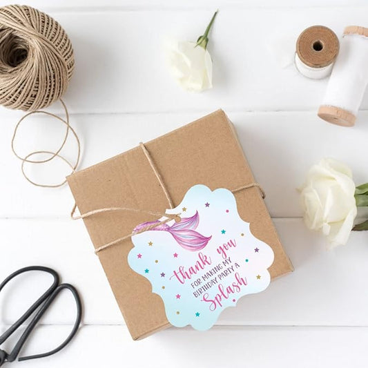 Andaz Press Fancy Frame Kids Party Favor Thank You Tags with String, 48-Pack Mermaid Birthday Gift Tags for Gift Bags, Favor Bags, Goody Bags, Girls Mermaid 1st Birthday Party Favors Hanging Tags