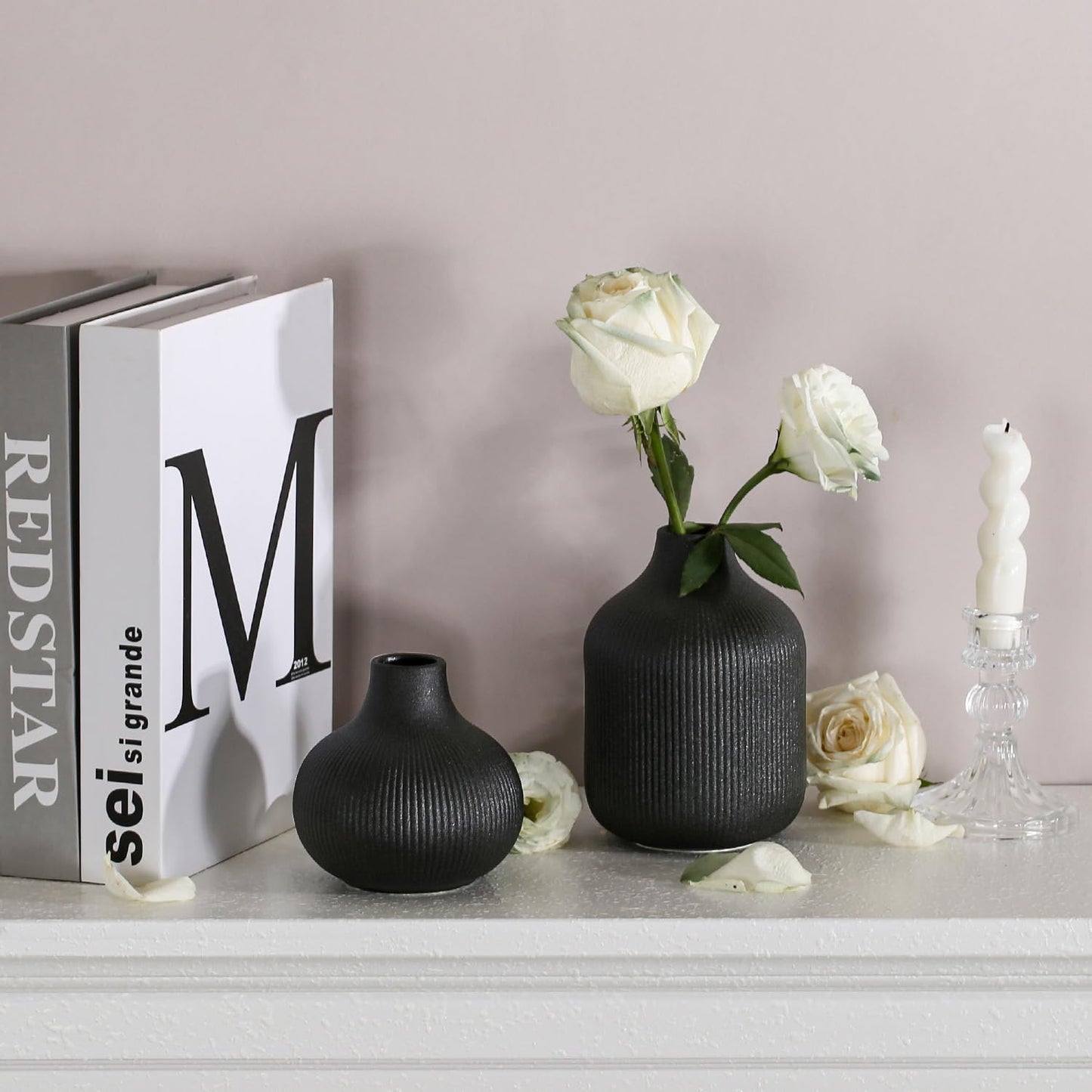 Modern Black Ceramic Vase Set of 3, Ribbed Texture Boho Minimalist Home Decor, Small Decorative Vases for Centerpiece, Shelf, Tabletop - Aesthetic Touch for Neutral & Transitional Spaces