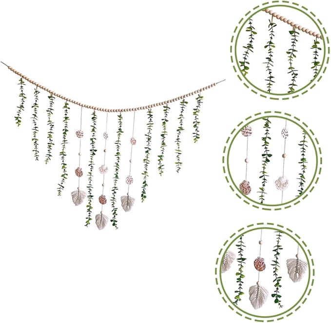 Lurrose Boho Wooden Bead Garland with Simulated Eucalyptus Leaves Rustic Farmhouse Hanging Wall Decor for Bedroom Living Nursery Pastoral Style Vines Decoration