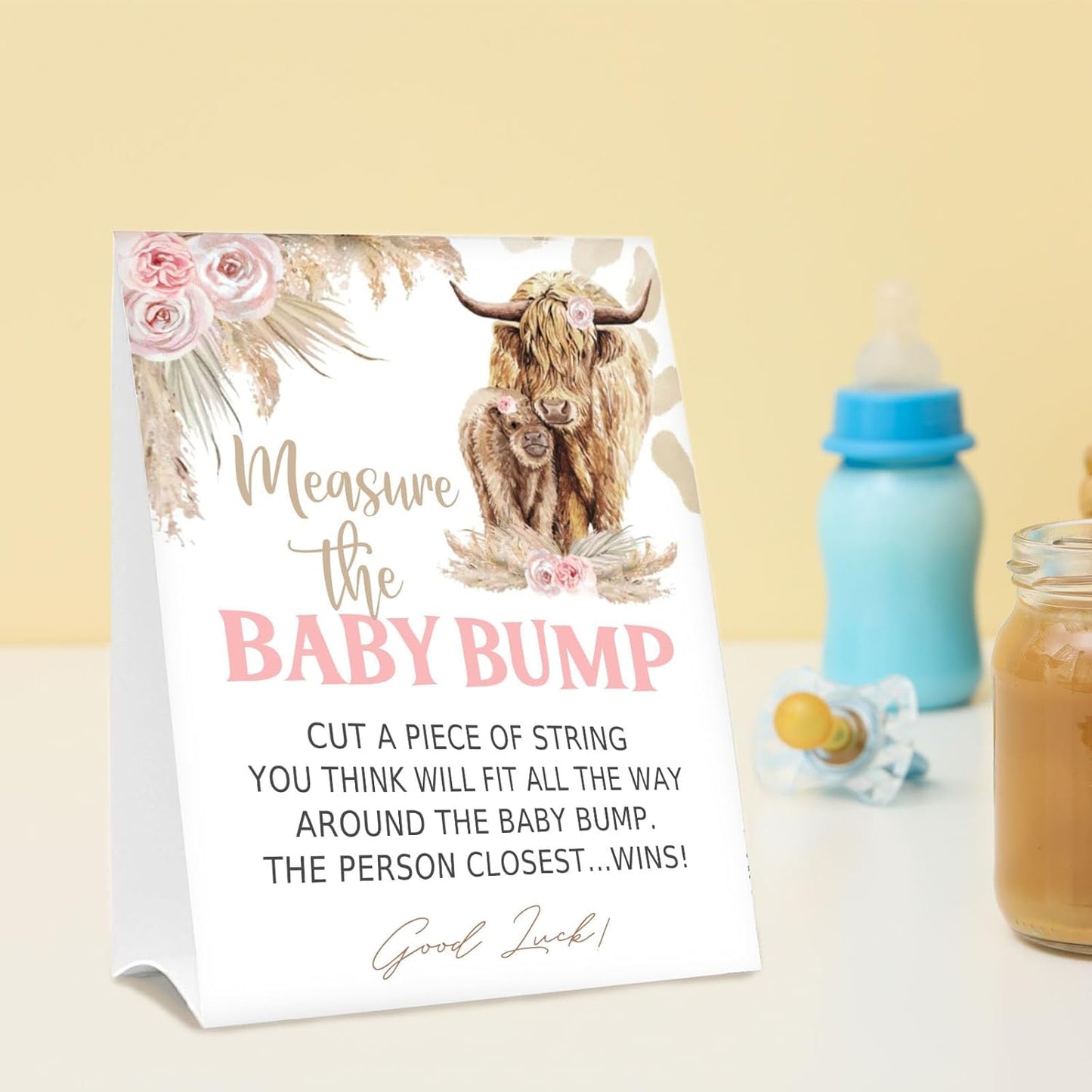 Baby Shower Games Measure the Baby Bump Sign, How Big is Mommy's Belly Party Favors Supplies, 5x7 Inch Kraft Standing Sign and 50 Guessing Cards, Holy Cow, Boho Pink Highland Cow