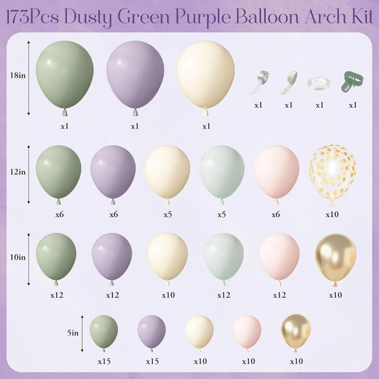Amandir 173Pcs Dusty Green Purple Pink Balloon Arch Garland Kit, Lavender Pastel Blush Pink Yellow Mist Green Gold Confetti Balloons for Baby Shower Wedding Tea Wildflower Birthday Party Decorations