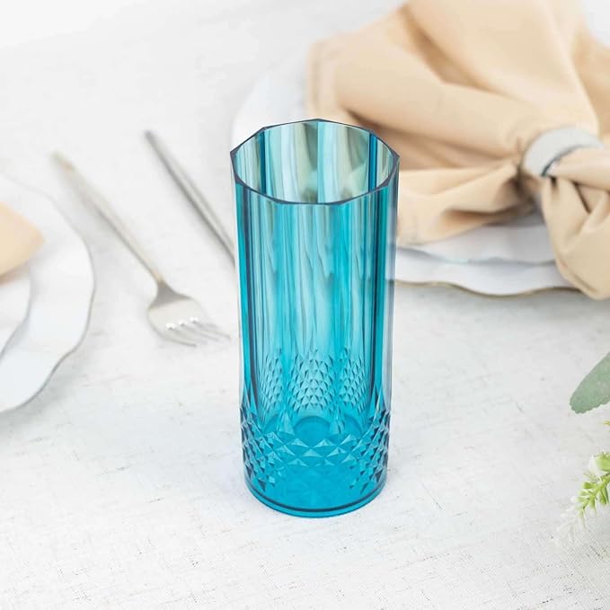 Efavormart 6 Pack Ocean Blue Crystal Cut Reusable Plastic Highball Drink Glasses, Shatterproof Tall Cocktail Tumbler Cups - 14oz