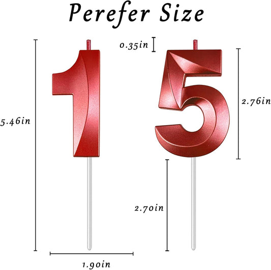Red Number 15 Candles, 3D Diamond 2.76 Inch Cake Topper Birthday Candles for Wedding Anniversary Cake Decorations, Happy Birthday Party Decorations