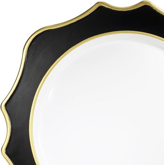 " OCCASIONS " 10 Pieces Round 13'' ACRYLIC MELAMINE Reusable Wedding Charger Plate (Scalloped Black and Gold)