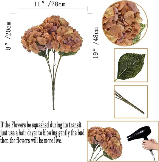 2Bouquets Artificial Fake Flowers Plants Silk Hydrangea Arrangements Wedding Bouquets Decorations Plastic Floral Home Kitchen Garden Party Festival Bar DIY(Brown Yellow)