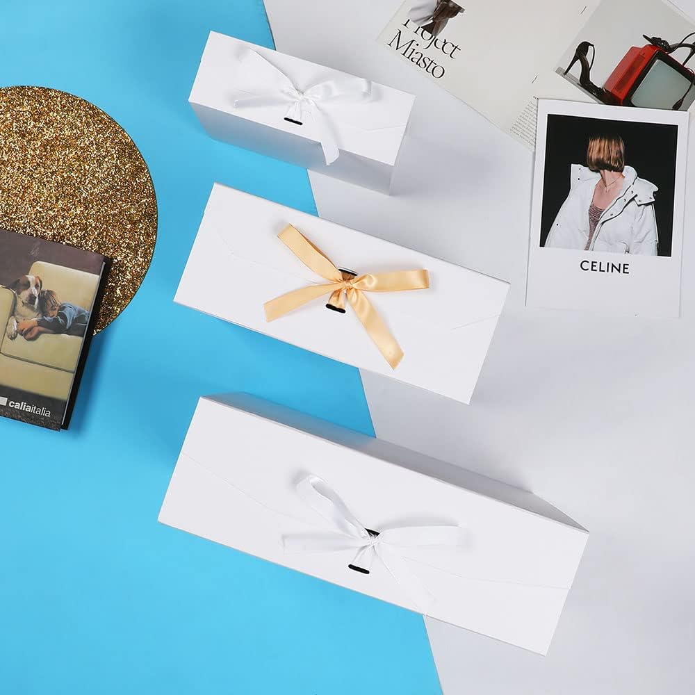 White Gift Box 10x7.3x3.5 Inches, Decorative Box with Ribbon, Empty Gift Box with Lid Magnetic Closure, Groomsman Box, Rectangle Collapsible Gift Boxes for Shirt (Matte White)