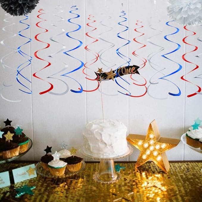 MOWO Silver Blue and Red Foil Swirl Hanging Decoration for 4th July Independence Day Graduation Retirement Patriotic Theme Party Supplies,Pack of 21