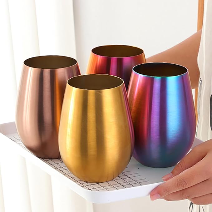 Buyer Star 304 Stainless Steel Wine Glasses Set of 2 - Large 17 oz Outdoor Stemless Wine Tumblers - 100% Unbreakable & Stemless Metal Drinking Cups for Home and Outdoors Dishwasher safe (Rainbow)