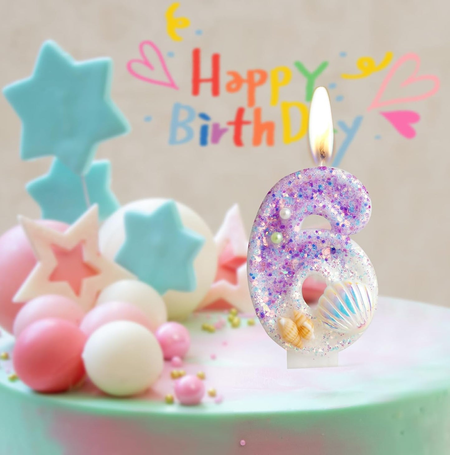 Pulper Mermaid Sequins Shell Candles, Happy 6th Birthday Cake Topper, Mermaid Themed Party Decorations