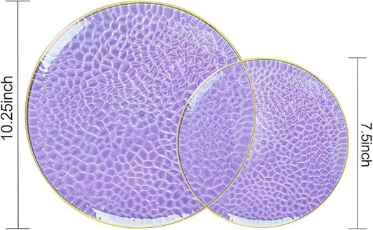 Rubtlamp 60Pcs Clear Purple Gold Plastic Plates, Purple Disposable Plates With Gold Rim, Hammered Plastic Plates Include 30 Clear Dessert Plates, 30 Dinner Plates for Party