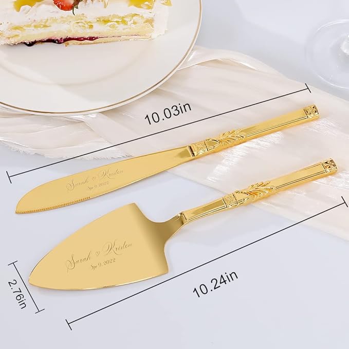TUKDAK Cake Cutting Set for Wedding, Personalized Gold Cake Knife and Server Set, Custom Cake Serving Set, Engraved Pastry Pie Server Cake Pizza Cutter, Birthday Bridal Gift (CUS-Classic)