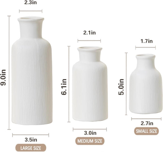 White Ceramic Vase Set of 3, Modern Ribbed Design, Pampas Vases, Table Decorations