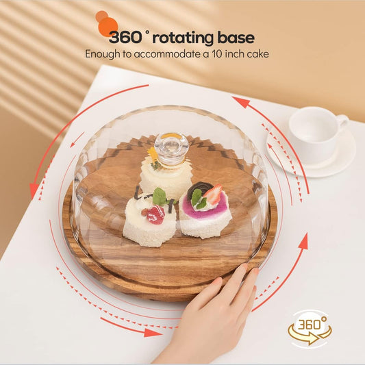 cutesun acacia wood cake stand with lid, 11.8'' Rotating Cake Stand with Dome, Shaterproof 10.4'' Acrylic Cake Display Cover, Cake Holder Tray for Wedding Gift,Kitchen,Birthday,Parties,Baking Gifts