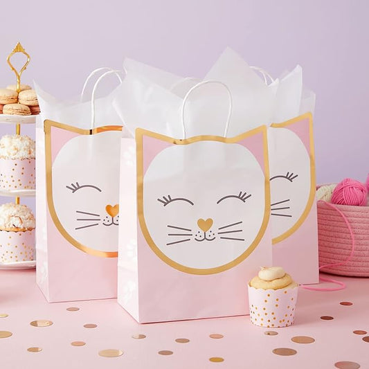 Sparkle and Bash Cat Gift Bags for Birthday Party Favors - 8 x 10 x 4.7 in, Pack of 15 & 20 White Tissue Sheets - Kitten Party Bags & Candy Treat Pouches