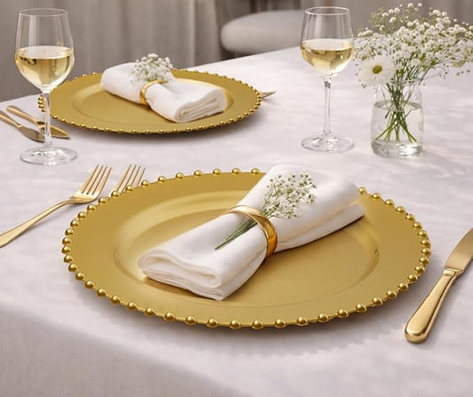 PLASTICPRO Gold Plastic Charger Plates with Beaded Edge – Pack of 8 – 13" Elegant Round Disposable Chargers for Weddings, Events, Parties, and Dinners