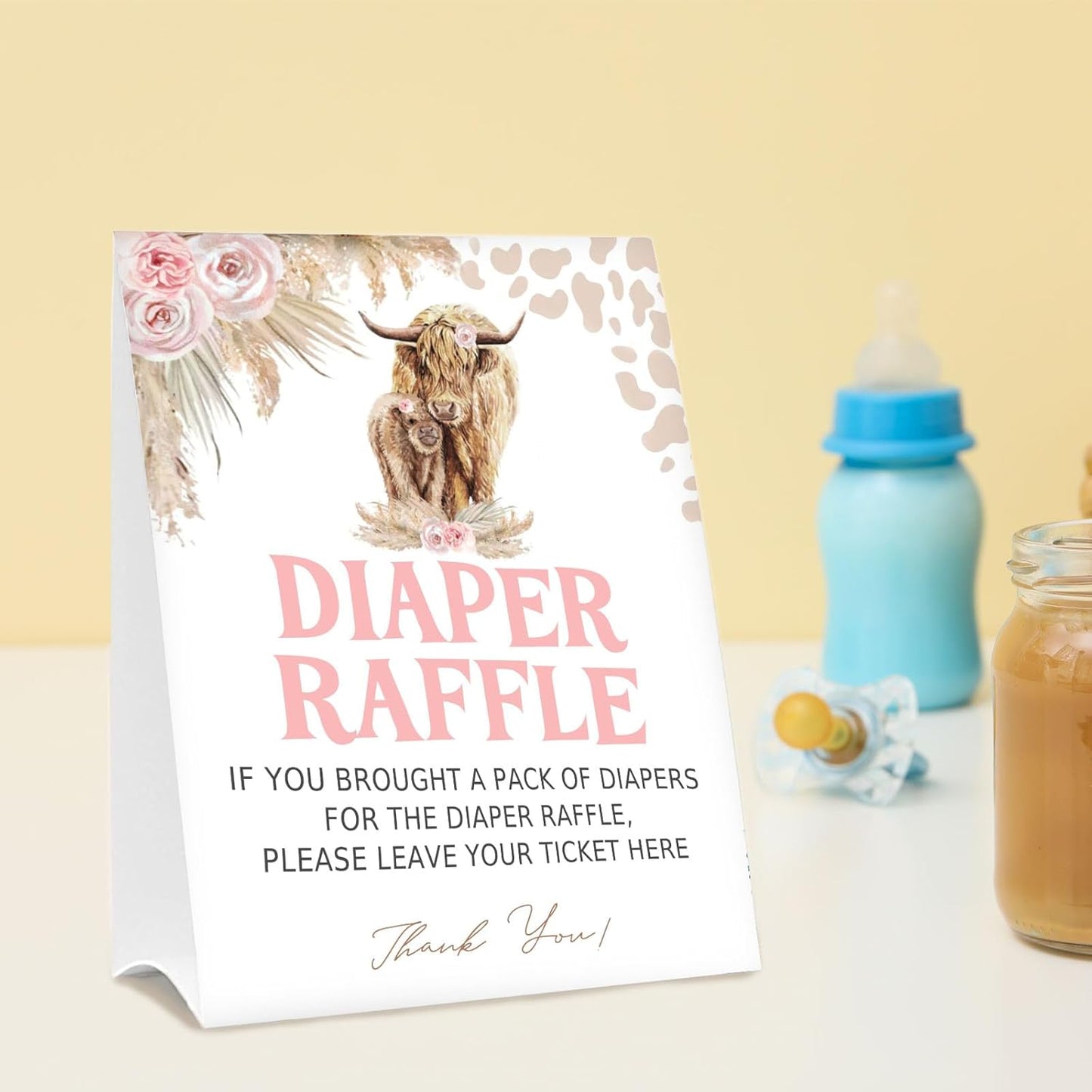 Diaper Raffle Tickets for Baby Shower Game, 1 Standing Sign & 50 Guessing Cards for Baby Shower Party Decoration, Holy Cow, Boho Pink Highland Cow