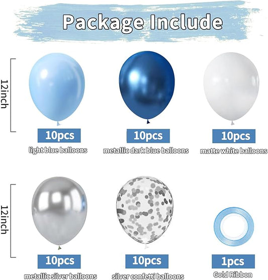Zesliwy Blue White Silver Balloons Set,50Pcs 12 Inch Metallic Dark Blue Sliver Balloon Royal Light Blue white with Silver Confetti Balloons for Birthday Graduation Wedding Retirement Party Decoration