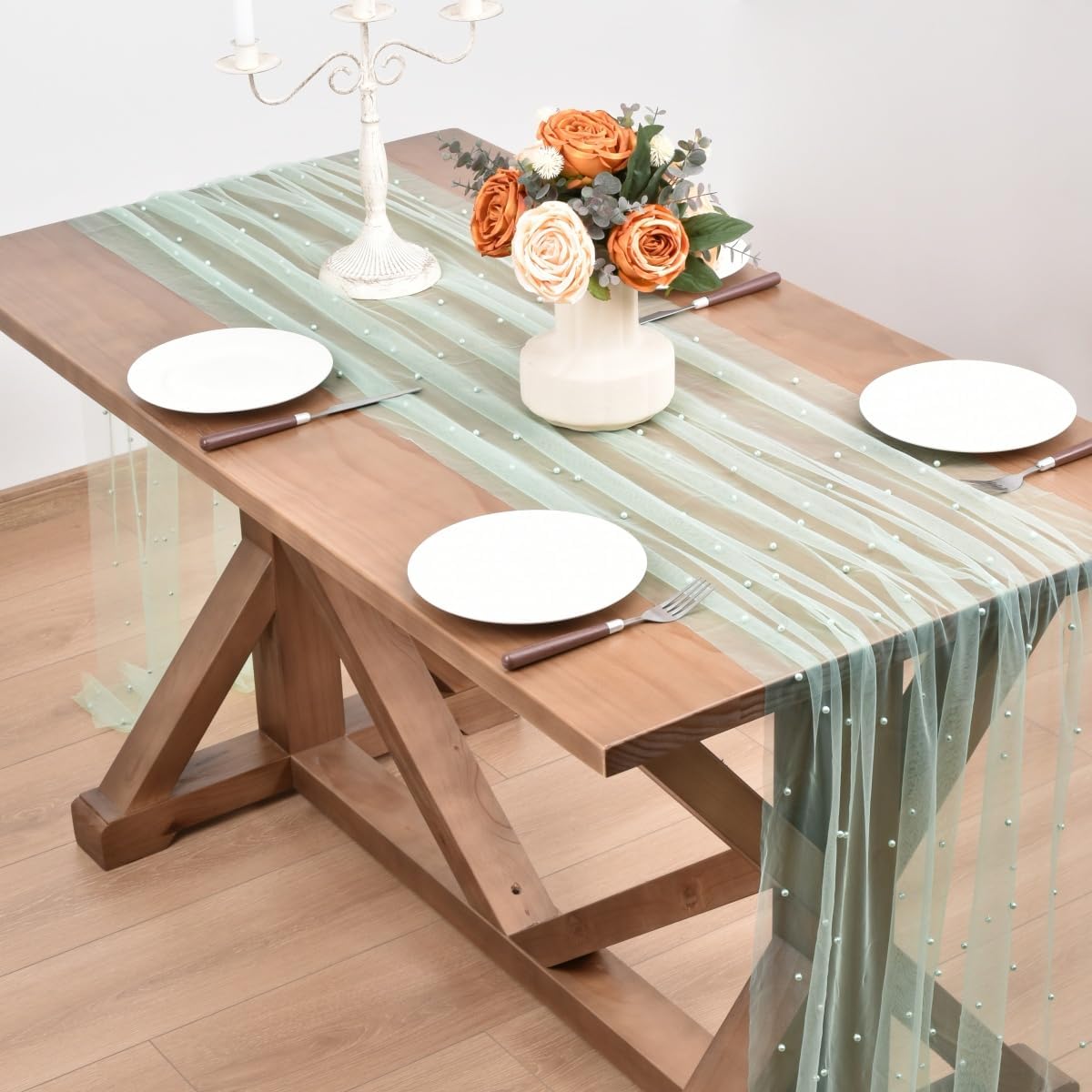 Sage Green Pearl Fall Thanksgiving Table Runner Boho Rustic Tulle Lace Table Runner for Baby Shower Wedding Arch Decor Veil Dessert Table Decor 3pcs