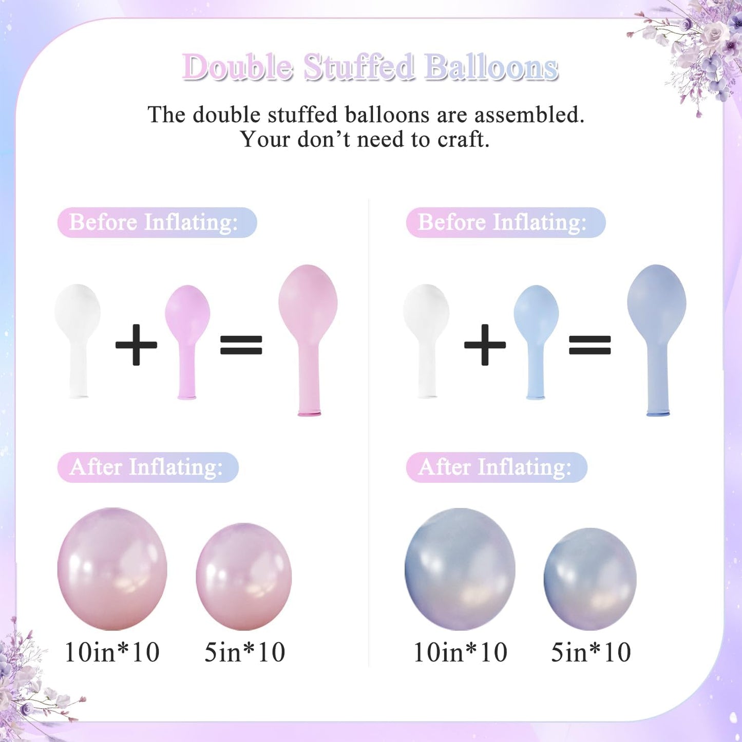 Pink Purple Blue Balloon Arch Kit 108Pcs Double Stuffed Pearl Blue Purple Iridescent Pastel Pink Blue Puple Clear Balloons for Girls Mermaid Birthday Party Baby Shower Bridal Shower Decorations