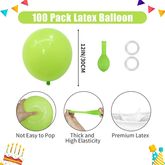 Lime Green Balloons - 12 inch 100pcs Latex - Round Light Green Birthday Balloons with 2 Ribbons for Birthday Dinosaur Jungle Christmas Party Decorations