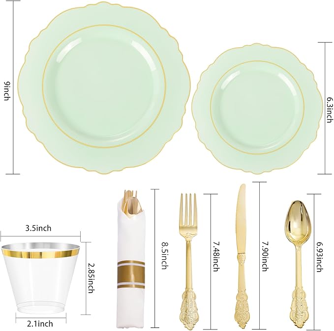 Liacere 175PCS Light Green Plates - Disposable Green and Gold - 25guest Baroque Dinnerware include 50Plates,25Pack Pre Rolled Napkins with Silverware 25Cups for Mother's Day&Easter Day