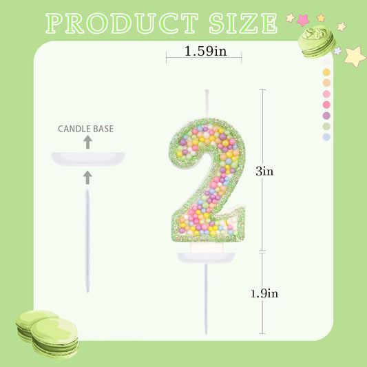 Birthday Candles - Number 2 Candle, Colorful Macaron Candles for Boys/Girls, Green Cake Decorations, Dinosaur Themed Party Supplies