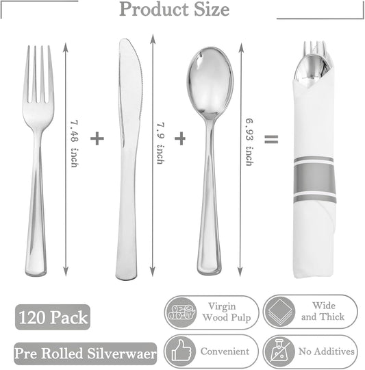 Supernal Pre Rolled Silver Plastic Silverware Set of 30 Wrapped Cutlery,Pre Rolled Napkins with Plastic Silverware Heavy Duty, Silver Disposable Forks and Spoons
