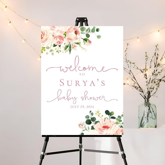 Pink Floral Decorative Signage for Girls' Baby Shower, Personalized Welcome Sign, Plastic, 4mm Thick, Editable Spring Flowers Design, Made in USA