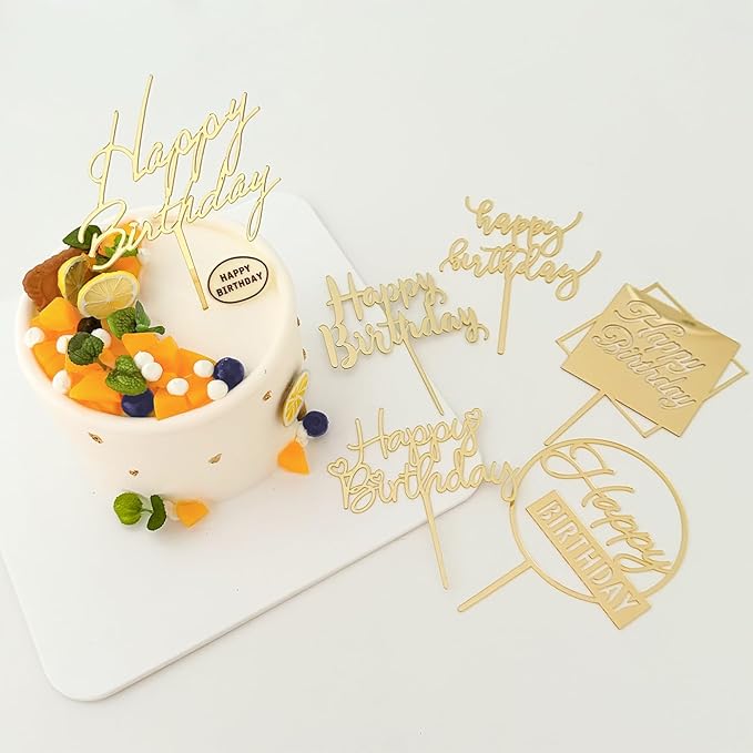 6-Pack Acrylic Birthday Cake Toppers, Minimalist Gold Happy Birthday Sign for Cake Decorations