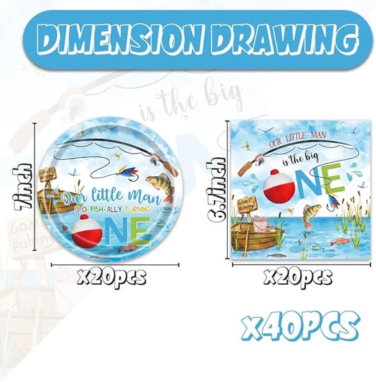 40pcs Fishing 1st Birthday Party Supplies Boys Fishing Birthday Party Decorations Plates and Napkins Gone Fishing Themed Party Tableware Set for Baby Shower