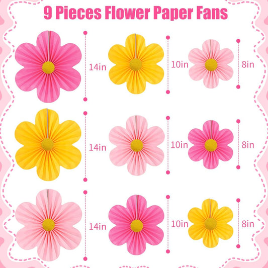 Pink Party Decorations Paper Flowers Decorations for Wall Classroom Paper Fans Floral Backdrop Flower Wall Decor Pack of 9 Pink Yellow