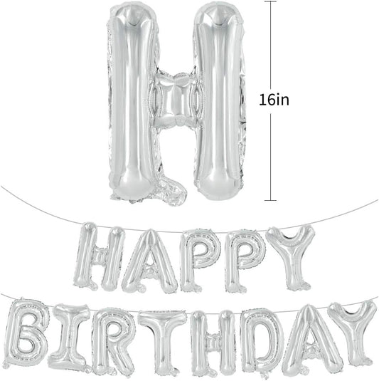 TONIFUL Silver Happy Birthday Balloons Banner, 16 Inch Mylar Foil Letters Sign Bunting Reusable for Girls Boys Kids & Adults Birthday Decorations Party Supplies